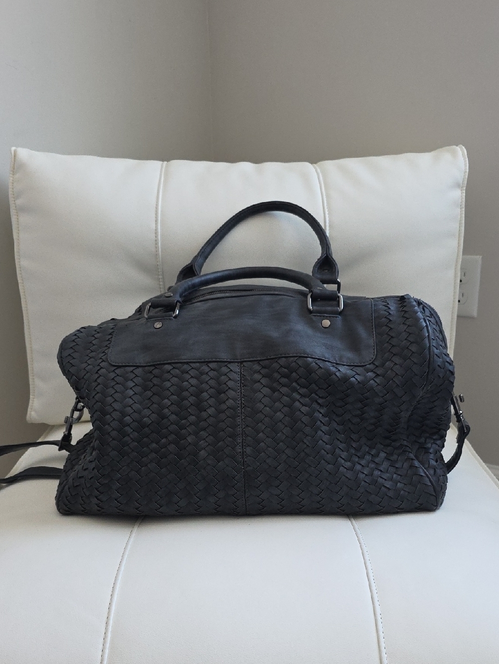 Neiman Marcus Black Woven Leather Weekender Bag